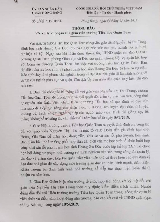  Thông báo của UBND quận Hồng Bàng.