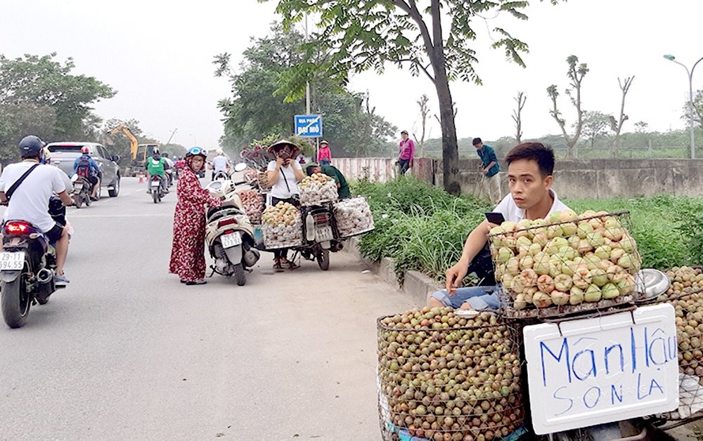 Tình trạng họp chợ, bán hàng rong xảy ra nhan nhản trên Đại lộ Thăng Long. (Ảnh: Báo Giao Thông).