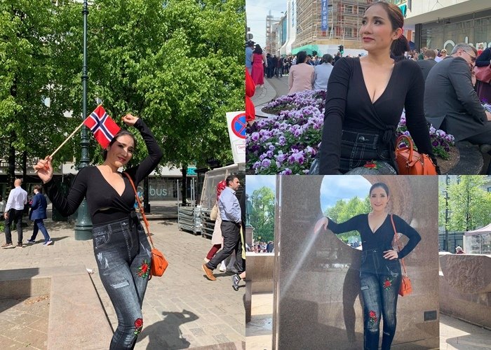 MC Cát Tường tranh thủ đăng ảnh tại thành phố Oslo, Na Uy để kỉ niệm ngày Quốc Khánh của đất nước này.