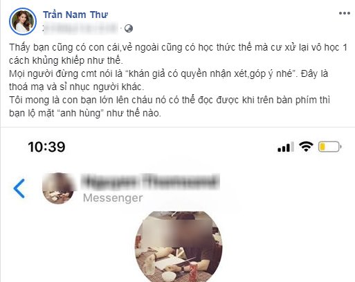 Nam Thư bức xúc khi bị buông lời thóa mạ trên trang cá nhân. 