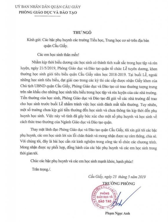 Thư xin lỗi của trưởng Phòng GD&ĐT quận Cầu Giấy.