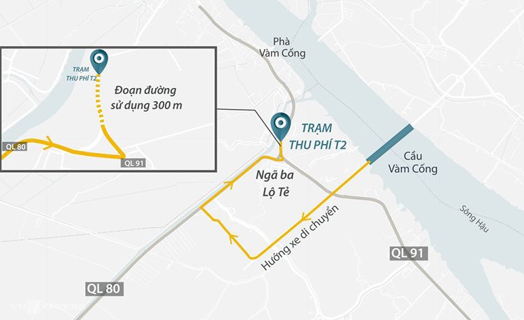Vị trí trạm BOT T2 bị các tài xế phản ứng. Ảnh: Thanh Huyền.