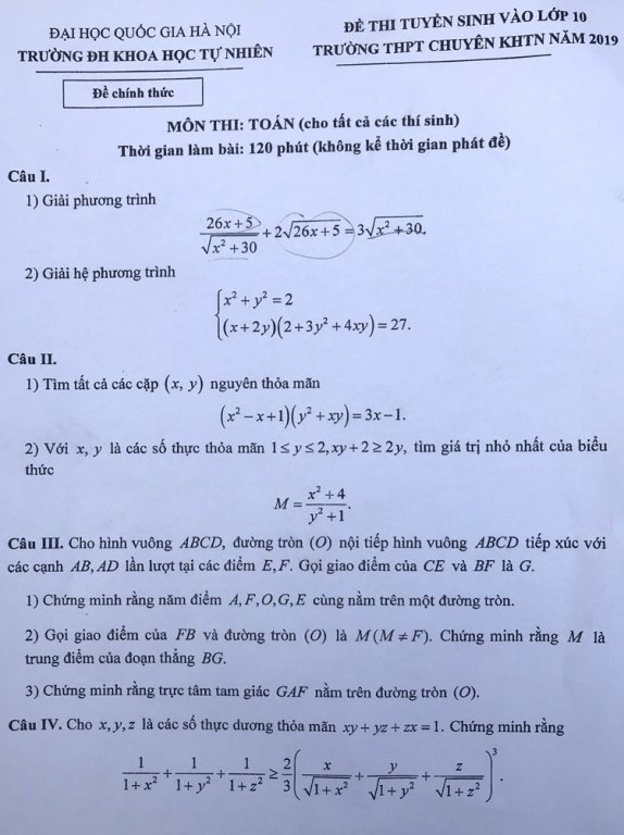 Đề thi và đáp án môn Toán vào lớp 10 Trường chuyên Khoa học tự nhiên Hà Nội 2019