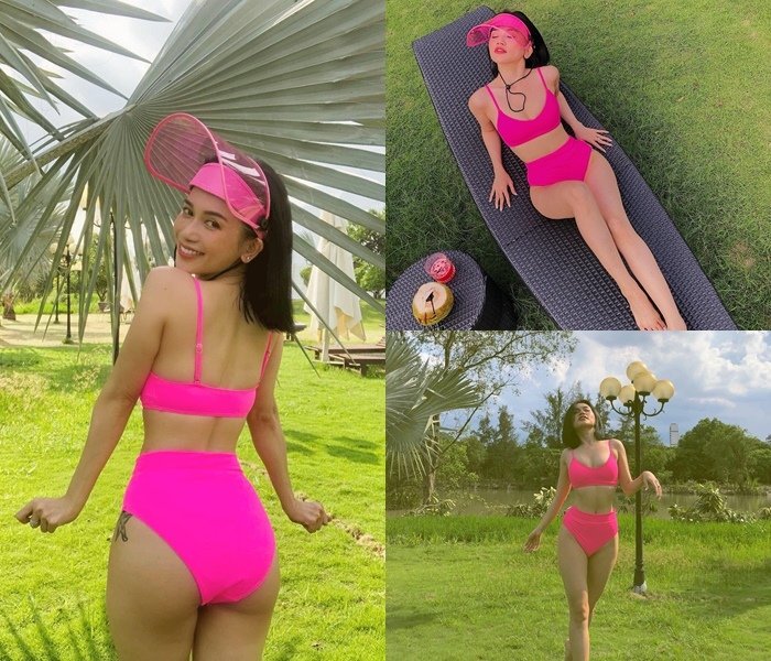 Sĩ Thanh dáng thon gọn, gợi cảm khi diện bộ bikini màu hồng trong loạt ảnh được cô đăng tải trên trang cá nhân.