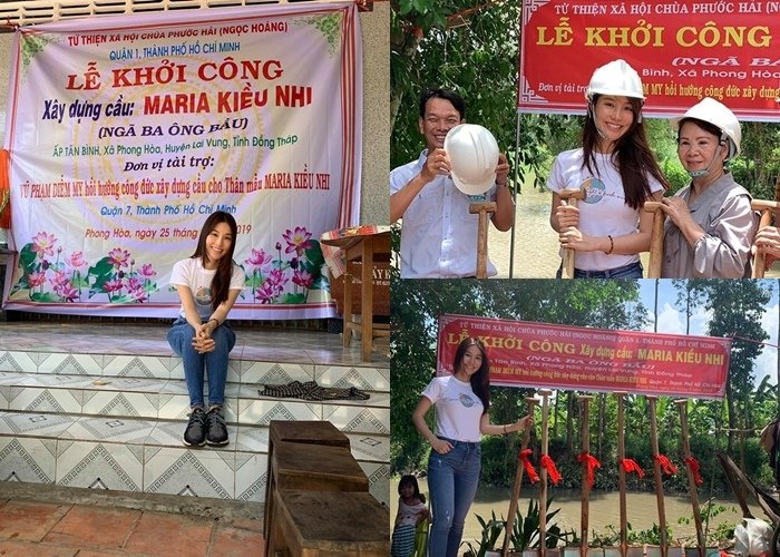 Diễm My 9X chia sẻ hình ảnh khi xây cầu từ thiện hồi hương công đức cho mẹ ở Đồng Tháp và lấy tên người mẹ quá cố của mình là Maria Kiều Nhi.