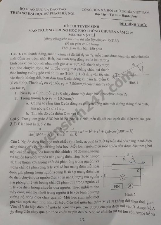 de-thi-vao-lop-10-mon-ly-thpt-chuyen-su-pham-ha-noi-va-dap-an-2019