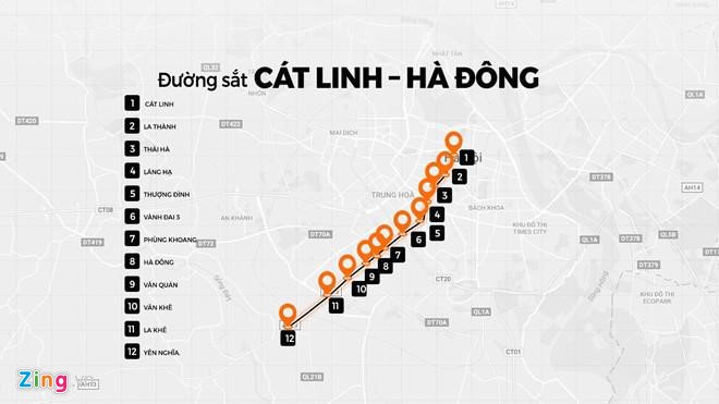 Lộ trình dự án Cát Linh - Hà Đông. (Đồ họa: Hữu Nhân).