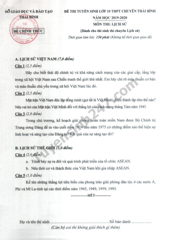 Đề thi vào lớp 10 môn Lịch Sử - THPT Chuyên Thái Bình và đáp án 2019