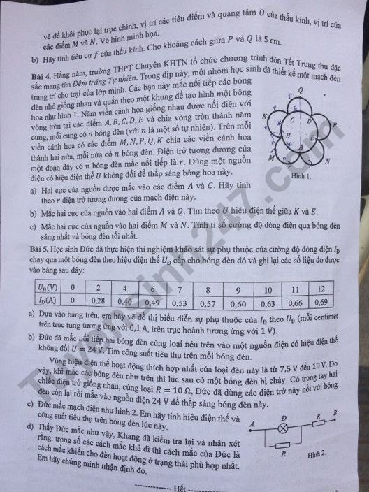 Đề thi vào lớp 10 môn Lý Chuyên - THPT Khoa học Tự nhiên và đáp án 2019