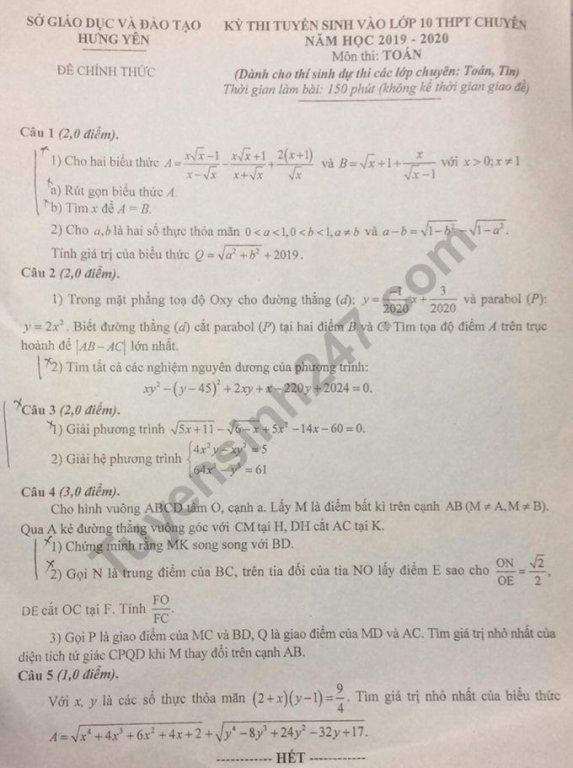 Đề thi vào lớp 10 môn Toán Chuyên - THPT Chuyên Hưng Yên và đáp án 2019