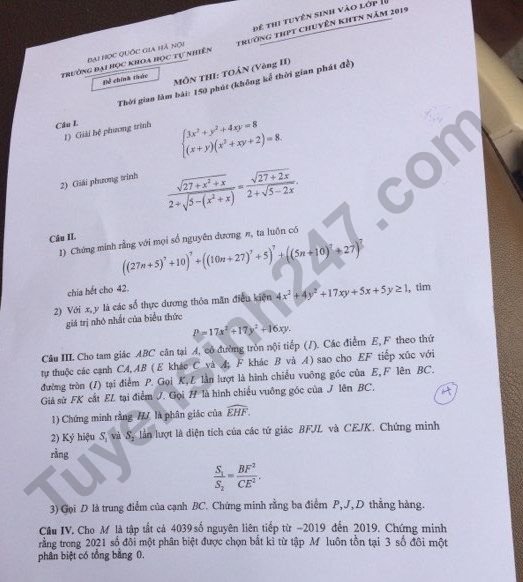 Đề thi vào lớp 10 môn Toán Chuyên - THPT Khoa học Tự nhiên và đáp án 2019