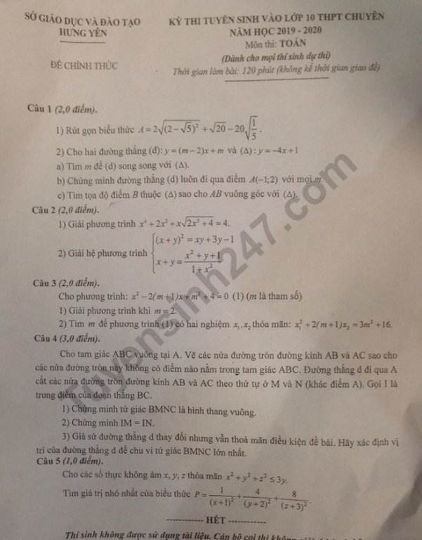 Đề thi vào lớp 10 môn Toán - THPT Chuyên Hưng Yên và đáp án 2019