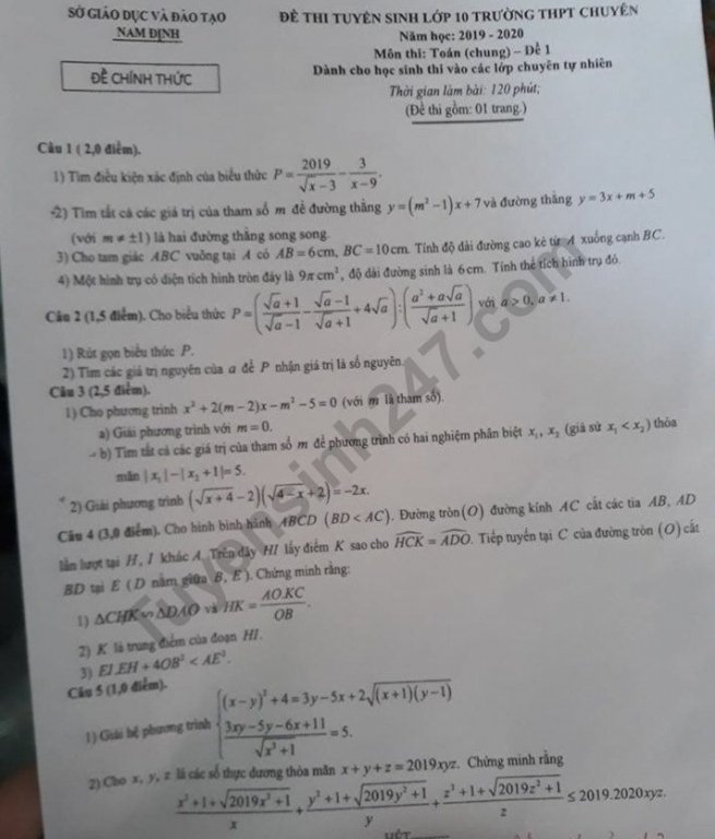 Đề thi vào lớp 10 môn Toán - THPT Chuyên Lê Hồng Phong Nam Định và đáp án 2019