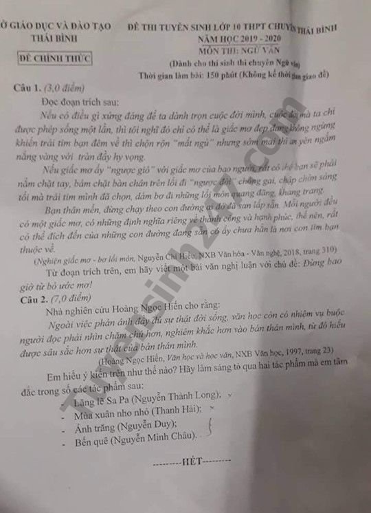 Đề thi vào lớp 10 môn Văn Chuyên - THPT Chuyên Thái Bình và đáp án 2019