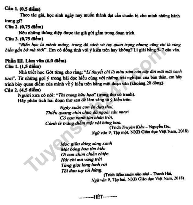 Đề thi vào lớp 10 môn Văn - THPT Chuyên Lê Hồng Phong và đáp án 2019