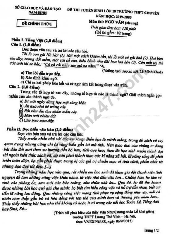 de-thi-vao-lop-10-mon-van-thpt-chuyen-le-hong-phong-nam-dinh-va-dap-an-2019
