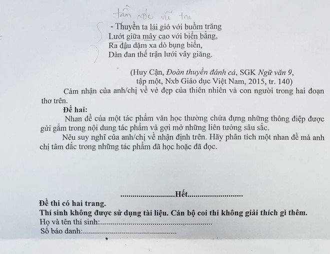 Đề thi vào lớp 10 môn Văn trường THPT Năng khiếu TP HCM 2019