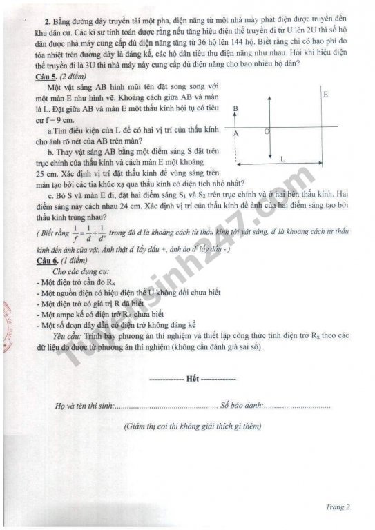 Đề thi vào lớp 10 môn Vật Lí - THPT Chuyên Thái Bình và đáp án 2019