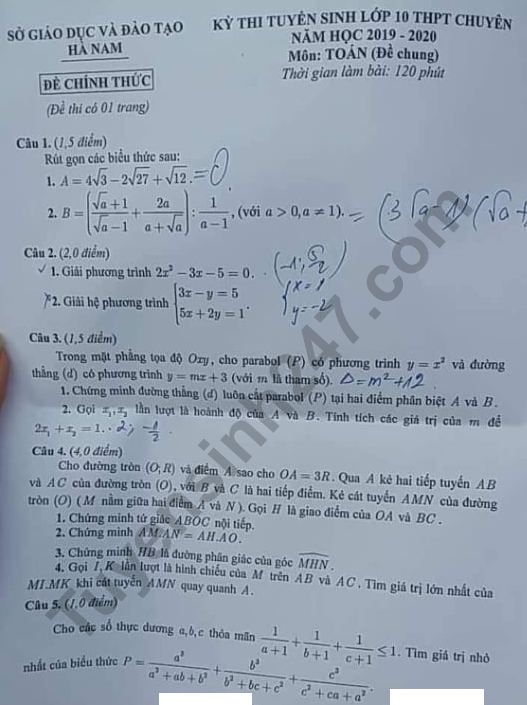 Đề thi vào lớp 10 môn Toán - THPT Chuyên Hà Nam và đáp án 2019