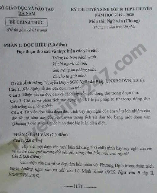 Đề thi vào lớp 10 môn Văn - THPT Chuyên Thái Bình và đáp án 2019