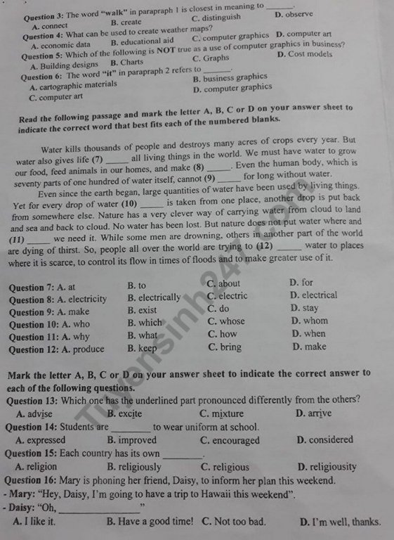 Đề thi vào lớp 10 năm 2019 môn Tiếng Anh TP Cần Thơ