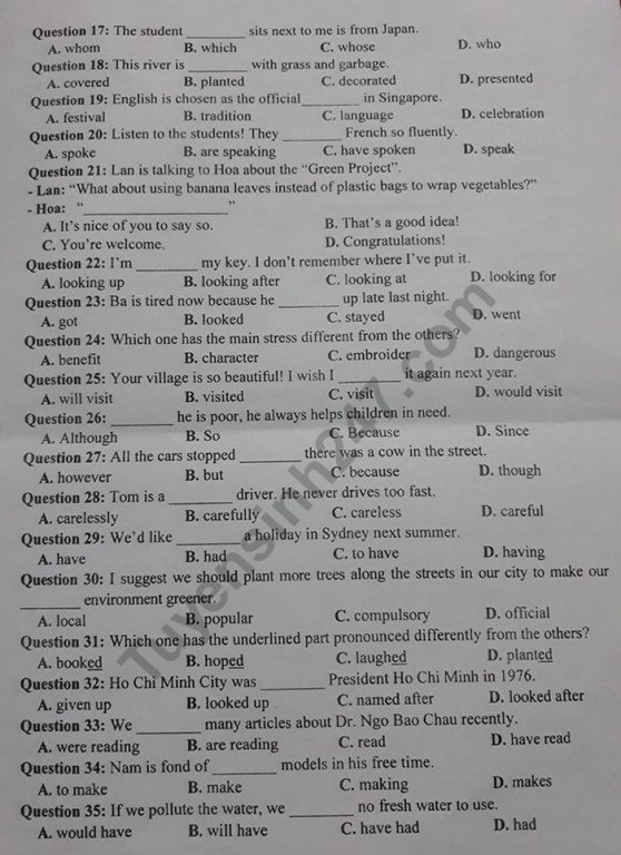Đề thi vào lớp 10 năm 2019 môn Tiếng Anh TP Cần Thơ