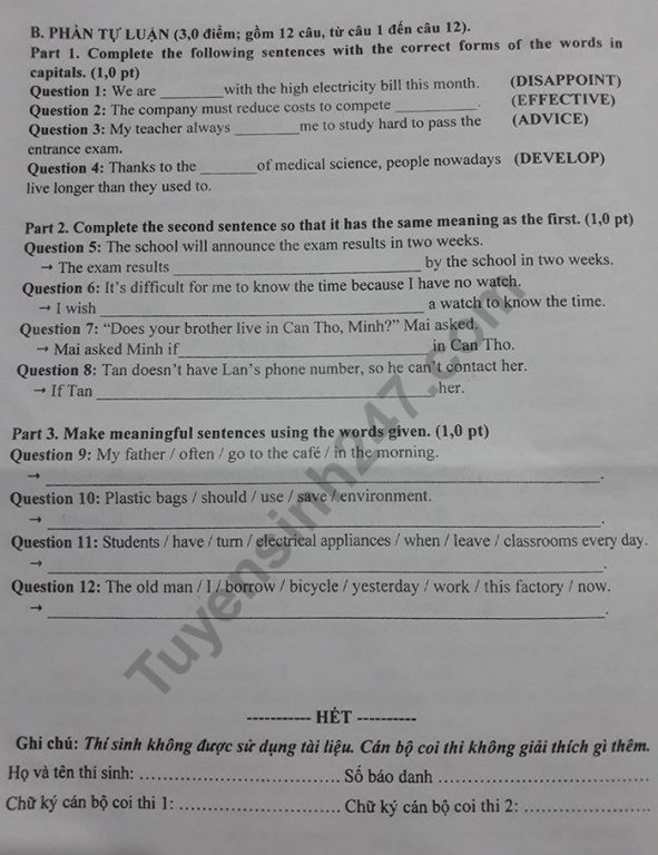 Đề thi vào lớp 10 năm 2019 môn Tiếng Anh TP Cần Thơ