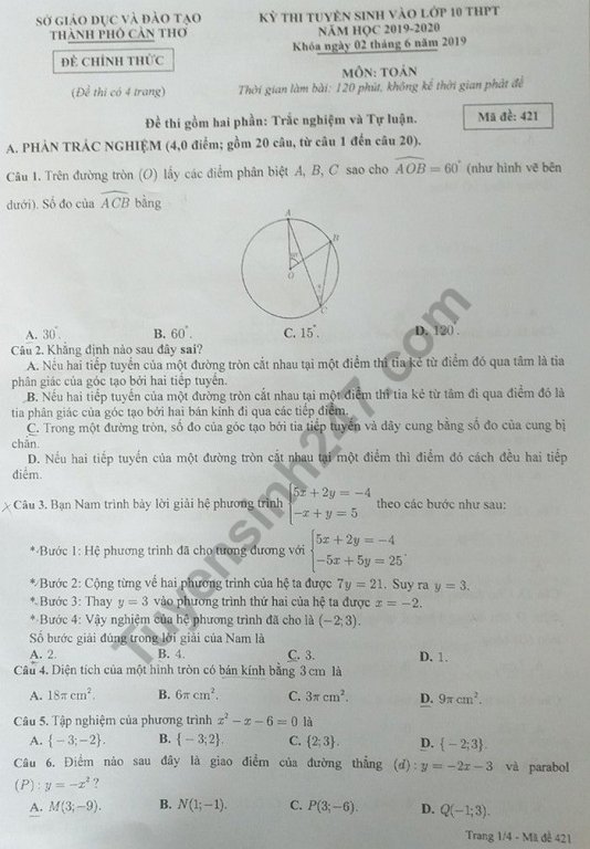 Đề thi vào lớp 10 năm 2019 môn Toán thành phố Cần Thơ