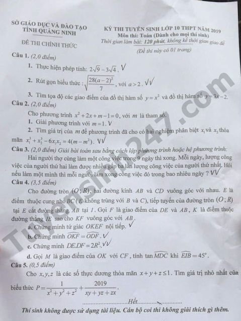 Đề thi vào lớp 10 năm 2019 môn Toán tỉnh Quảng Ninh