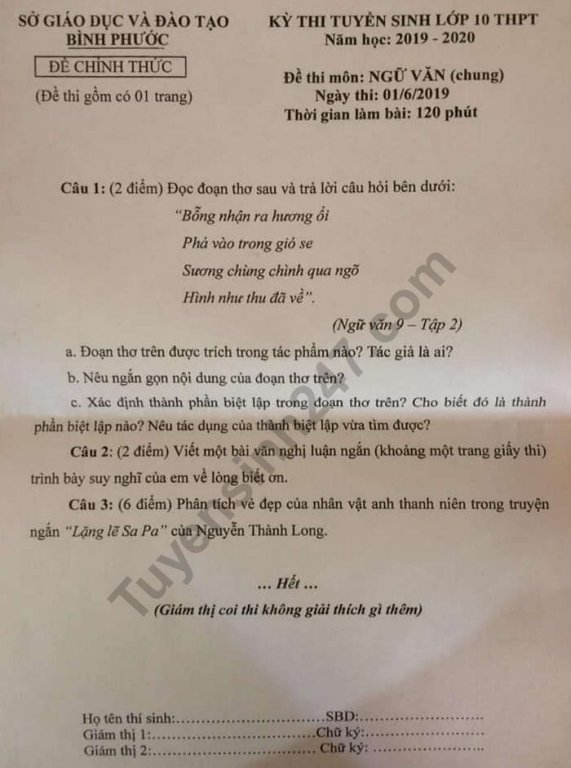 Đề thi vào lớp 10 năm 2019 môn Văn chuyên tỉnh Bình Phước