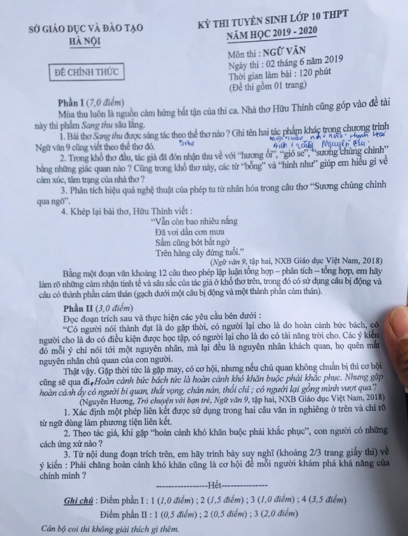 Đề thi vào lớp 10 năm 2019 môn Văn thành phố Hà Nội