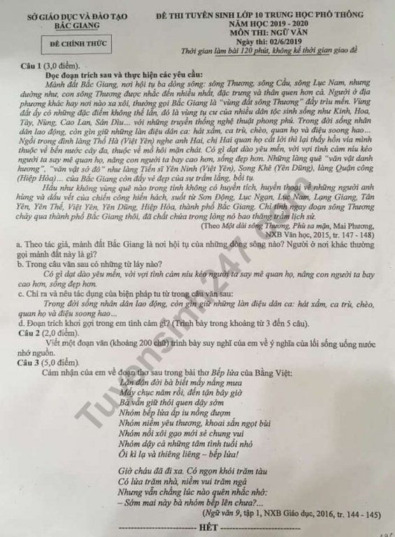 Đề thi vào lớp 10 năm 2019 môn Văn tỉnh Bắc Giang