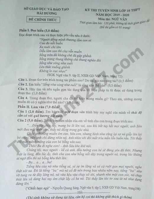 Đề thi vào lớp 10 năm 2019 môn Văn tỉnh Hải Dương