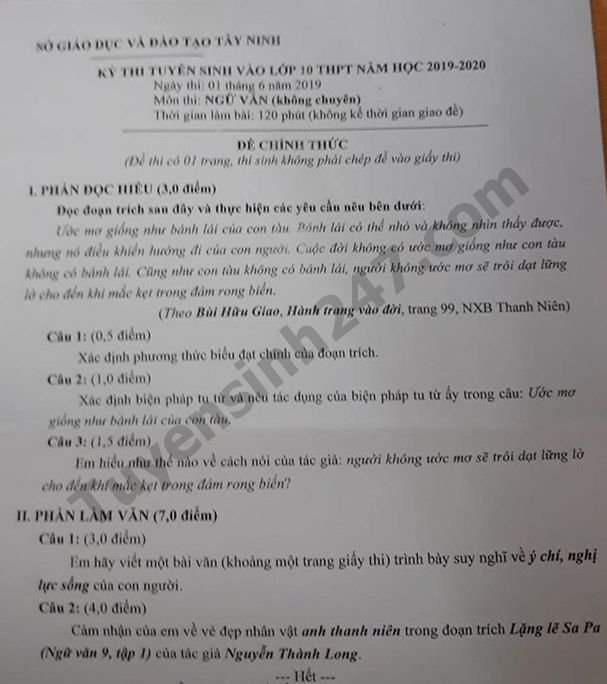 Đề thi vào lớp 10 năm 2019 môn Văn tỉnh Tây Ninh