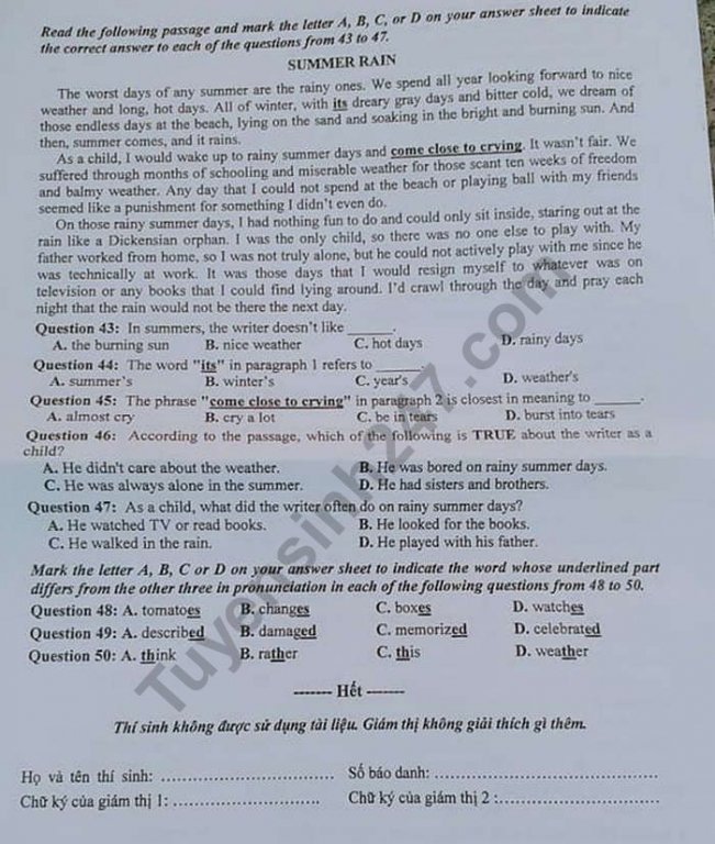 Đề thi vào lớp 10 năm 2019 môn Anh tỉnh Thừa Thiên Huế
