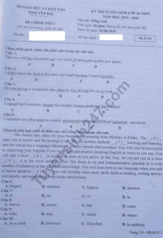de-thi-vao-lop-10-nam-2019-mon-anh-tinh-yen-bai