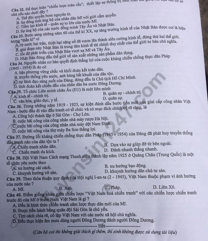 Đề thi vào lớp 10 năm 2019 môn Lịch sử TP Hà Nội