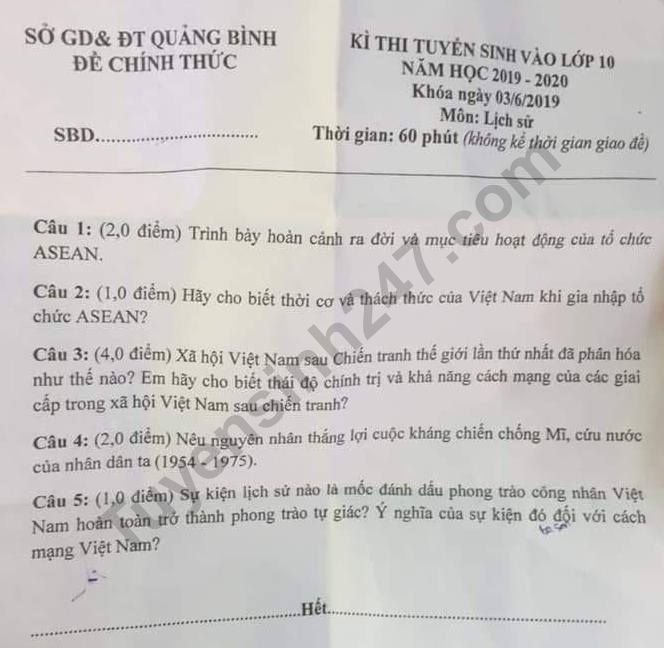 Đề thi vào lớp 10 năm 2019 môn Sử tỉnh Quảng Bình