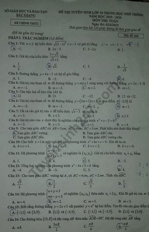 Đề thi vào lớp 10 năm 2019 môn Toán tỉnh Bắc Giang