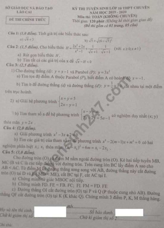 Đề thi vào lớp 10 năm 2019 môn Toán tỉnh Lào Cai