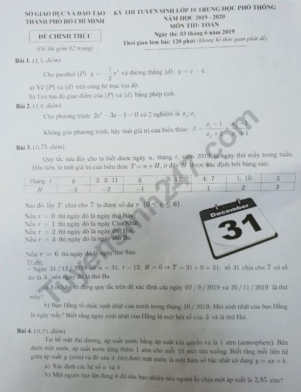 Đề thi vào lớp 10 năm 2019 môn Toán TP Hồ Chí Minh