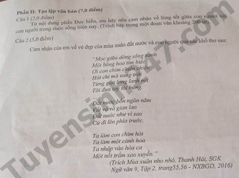 Đề thi vào lớp 10 năm 2019 môn Văn tỉnh Ninh Bình