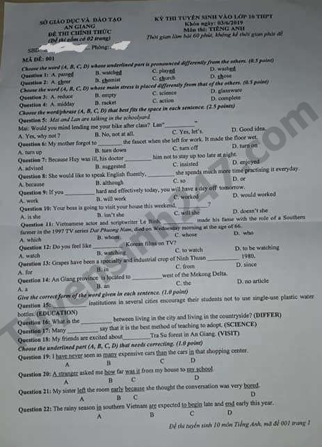 Đề thi vào lớp 10 năm 2019 môn Anh tỉnh An Giang