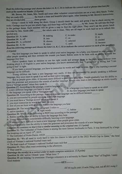 Đề thi vào lớp 10 năm 2019 môn Anh tỉnh An Giang