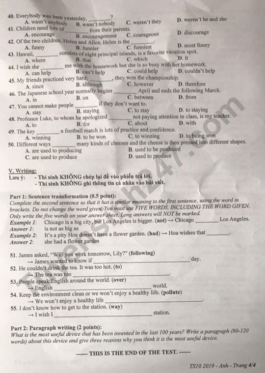 Đề thi vào lớp 10 năm 2019 môn Anh tỉnh Bình Dương
