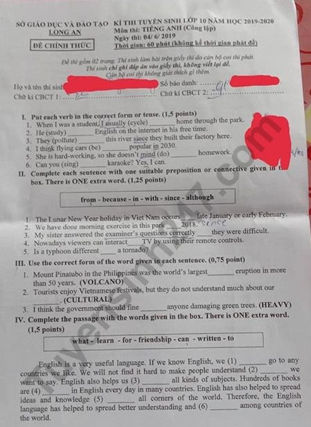 Đề thi vào lớp 10 năm 2019 môn Anh tỉnh Long An