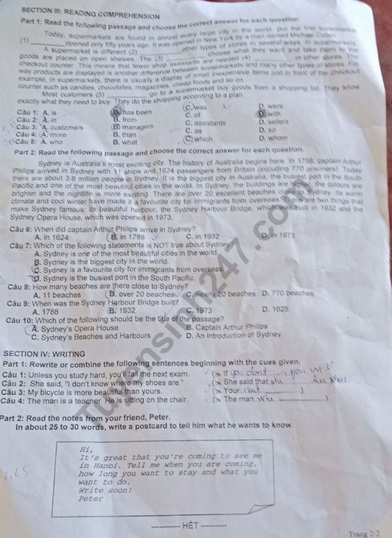 Đề thi vào lớp 10 năm 2019 môn Anh tỉnh Quảng Trị
