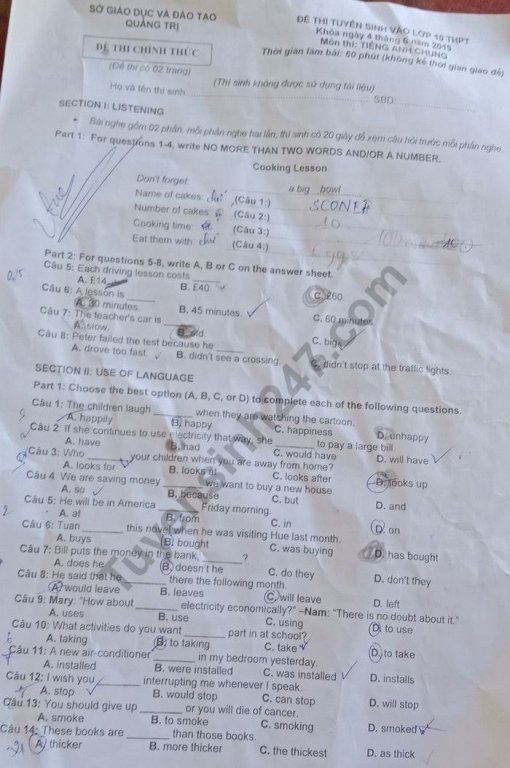 Đề thi vào lớp 10 năm 2019 môn Anh tỉnh Quảng Trị