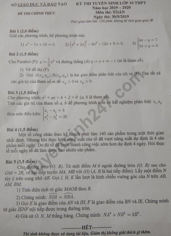 Đề thi vào lớp 10 năm 2019 môn Toán tỉnh Bình Dương