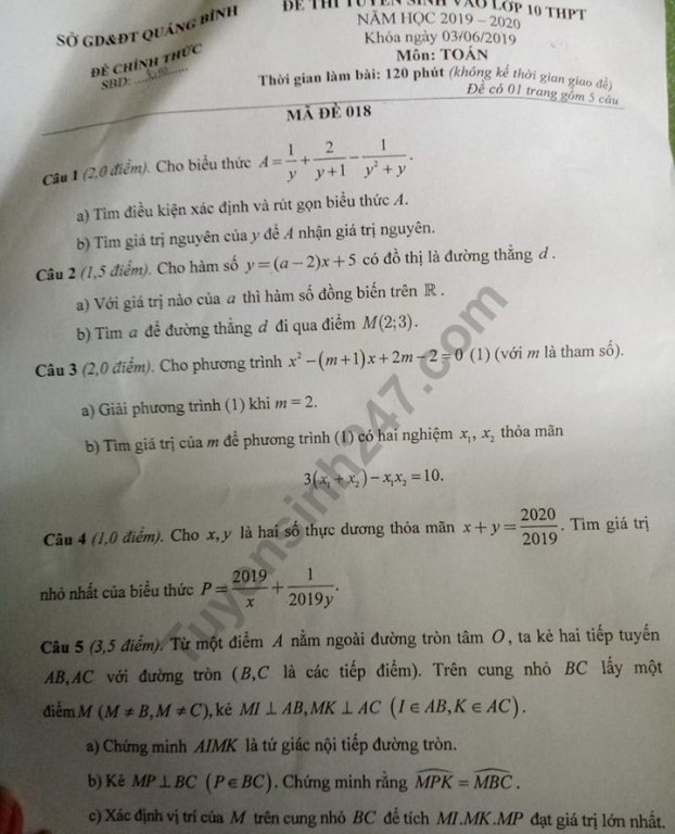 Đề thi vào lớp 10 năm 2019 môn Toán tỉnh Quảng Bình